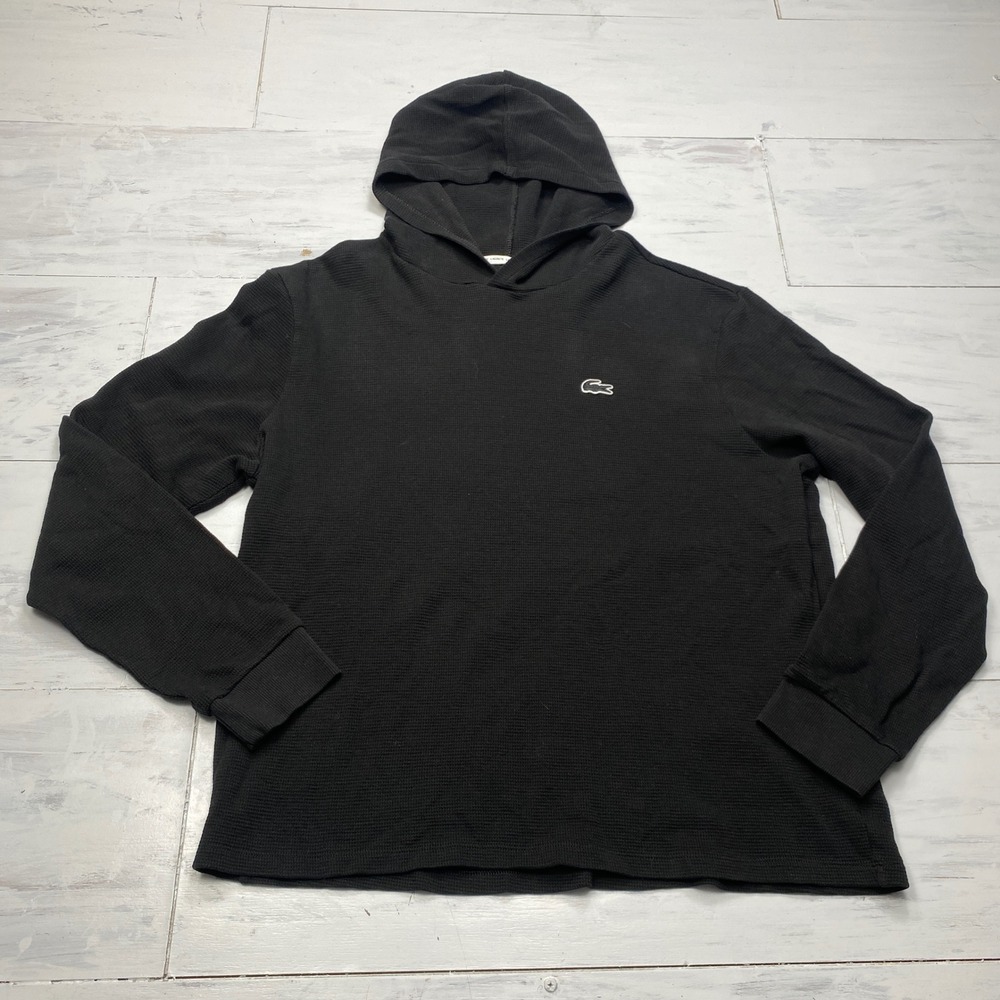 Lacoste Waffle Knit Hoodie Mens Medium Black Thermal Pullover SH9005 Loungewear